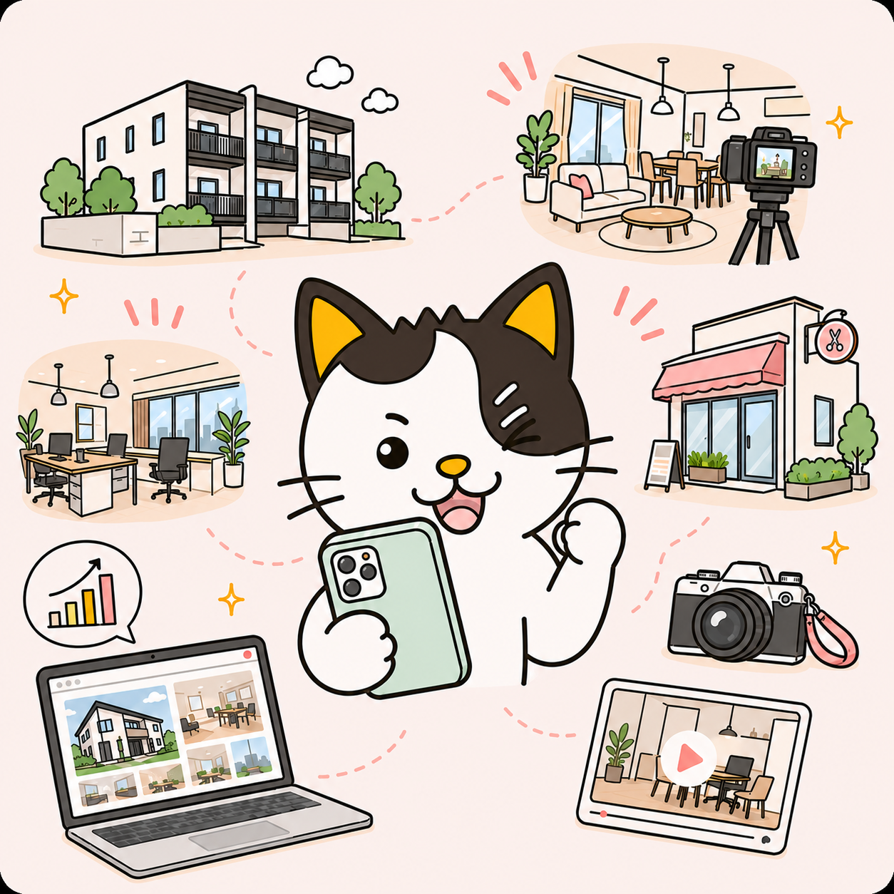 仕事の撮影をする、少し真剣な表情のねこのキャラクター
