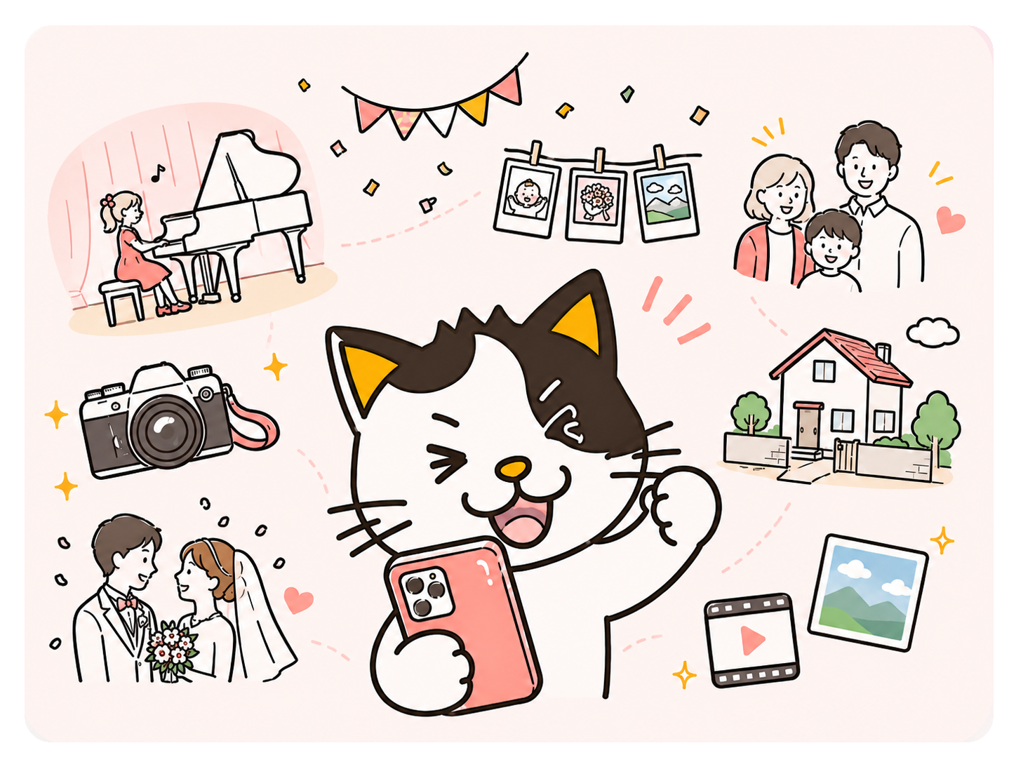 スマホを持つねこのキャラクターと、家族・写真・物件などのイラスト